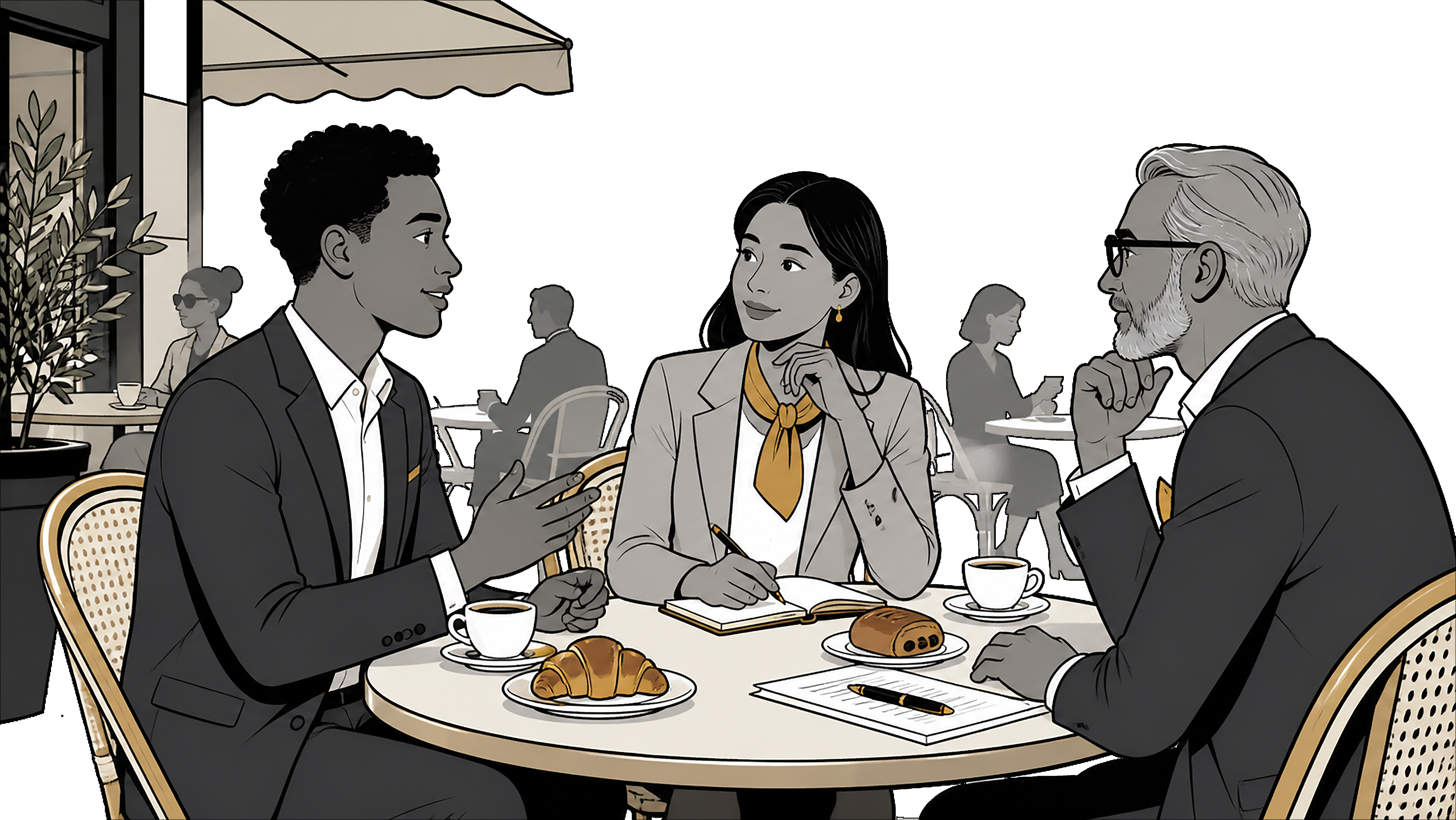 Three professionals having a business meeting at a cafe table with notebooks and coffee