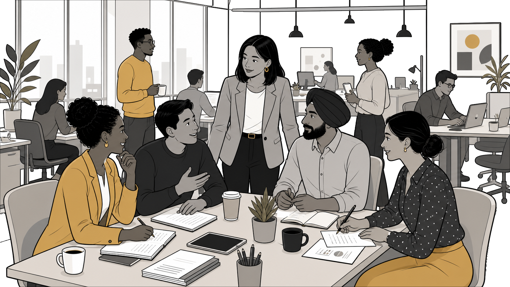 Diverse team of professionals collaborating around a conference table with laptops and documents