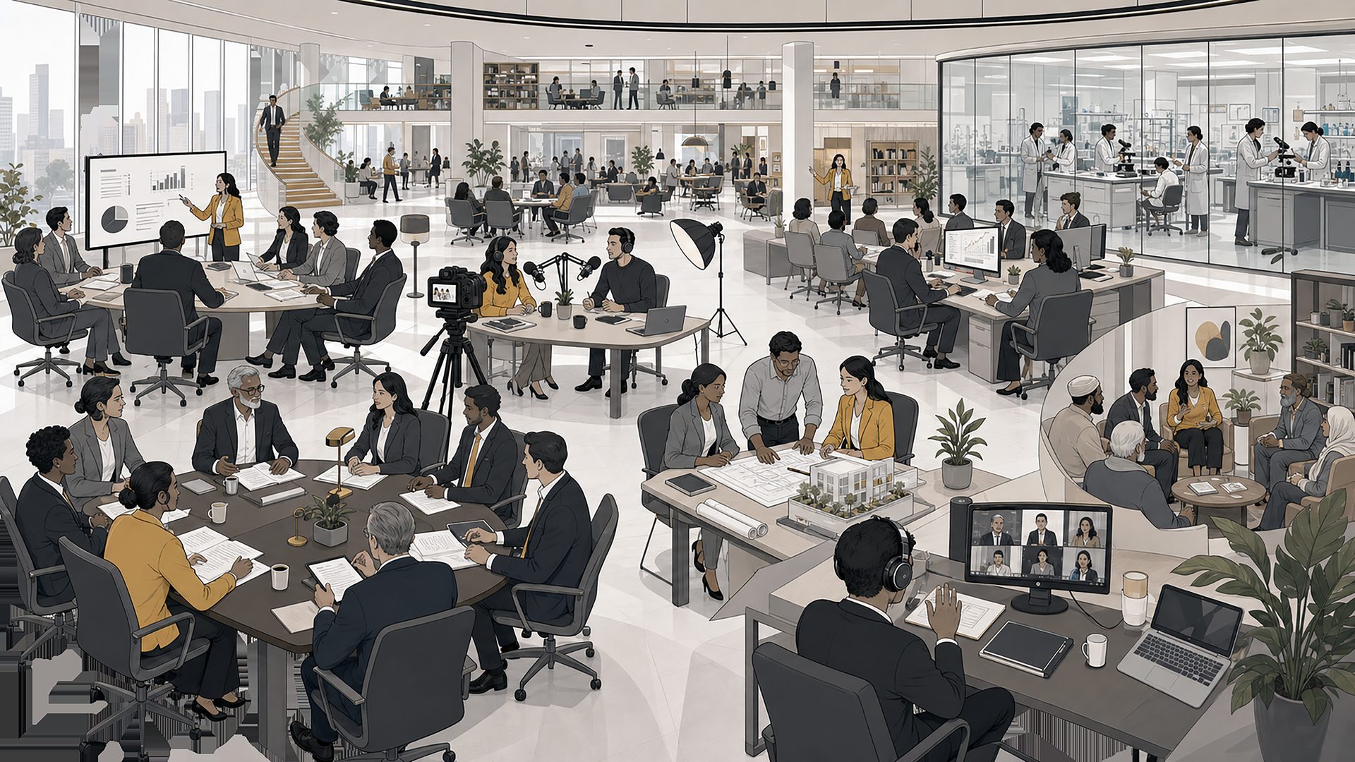 A bustling open-plan workspace with diverse professionals collaborating across boardrooms, recording studios, lab benches, design tables, and remote video calls
